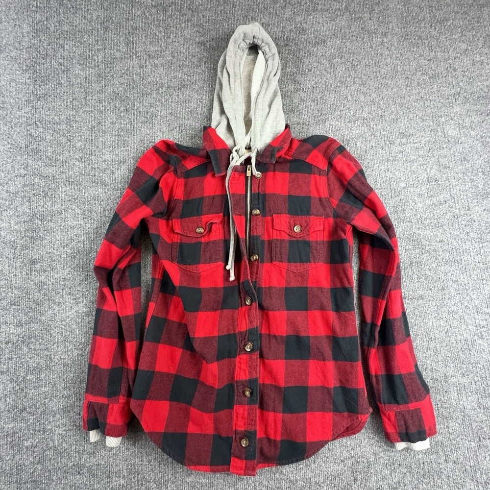 Hollister Shirt Womens Small Red Plaid Flannel Hooded Button Up Long Sleeve Top